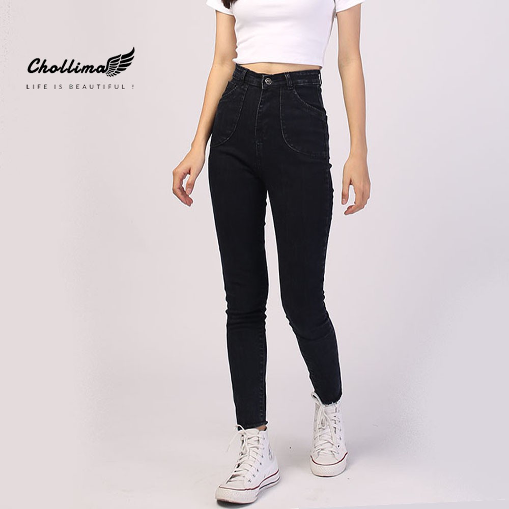 Quần jeans nữ co giãn Chollima cạp siêu cao đắp 2 túi tròn QD003 phong cách hàn quốc - Hàng mới về