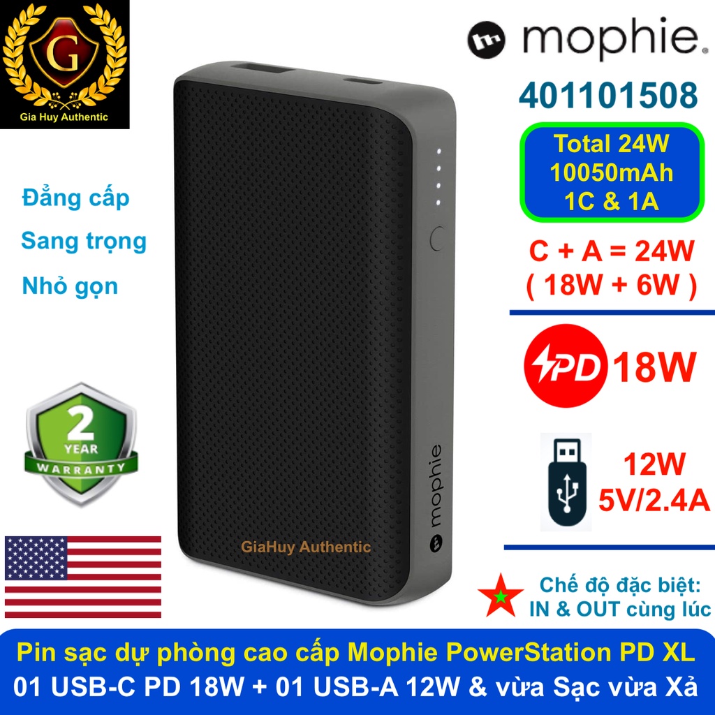 Pin sạc dự phòng cao cấp cho iPhone, iPad, S9, Note 9 MOPHIE PowerStation PD XL 10050mAh 24W ( 1C PD 18W &amp; 1A 12W)