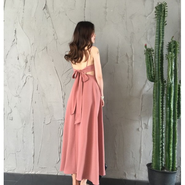 Đầm maxi 2 dây thắt nơ lưng, vải voan cát co giãn ôm eo gợi cảm