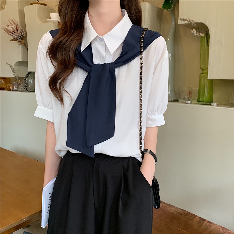 Summer New Loose Thin Contrast Short Sleeved Blouse