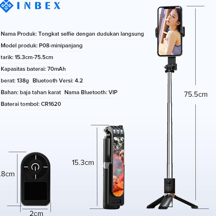 (Art. 92 Gậy Tự Sướng mini INBEX P08-mini Bluetooth Tripod 4 Trong 1 / Gậy Chụp Ảnh Tự Sướng Có Gương Và Đèn LED Điều Khiển Từ Xa S03s