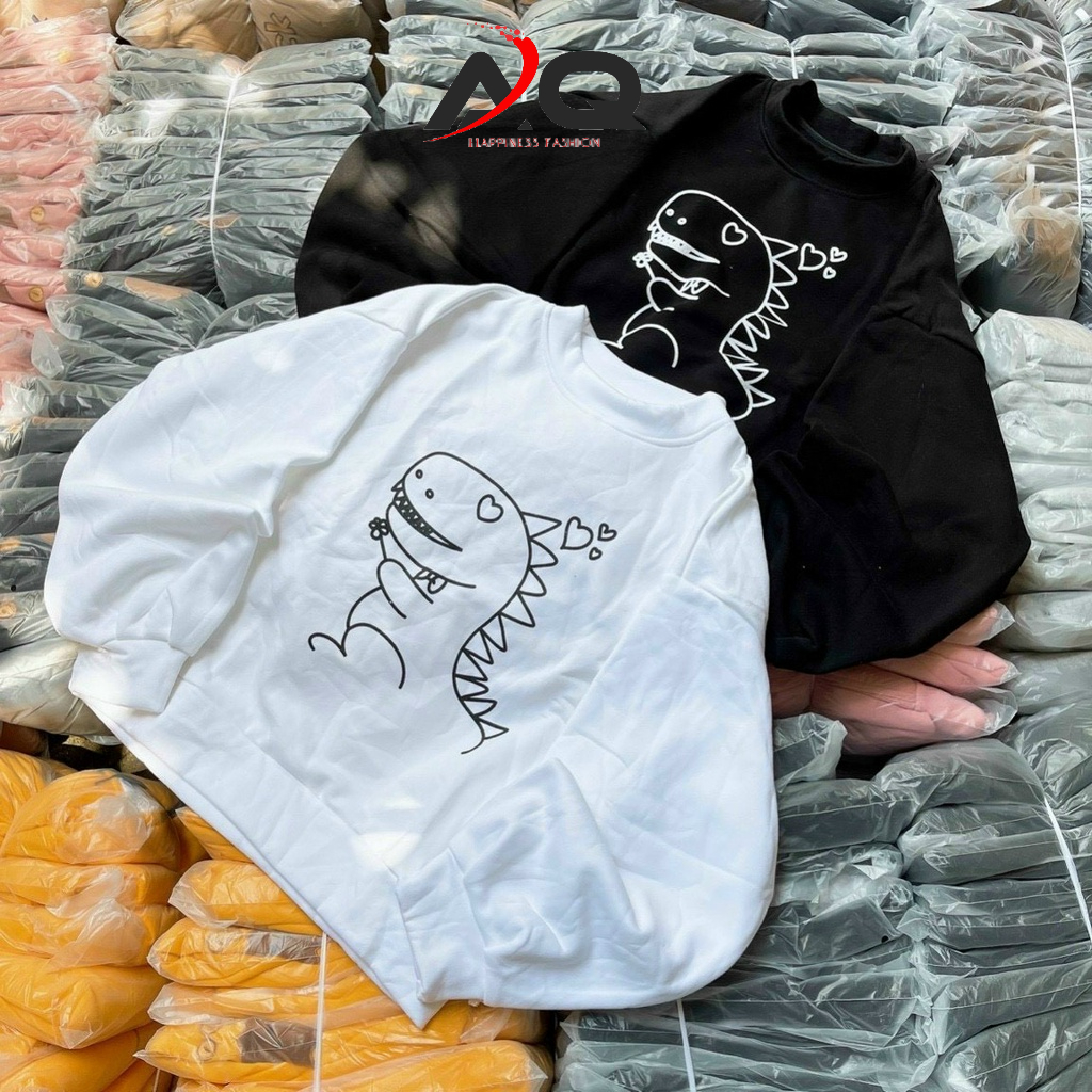 Áo sweater tay phồng in bé khủng long áo nỉ thun Nam Nứ Tay Lỡ cực chất phong cách Unisex - QSTORE