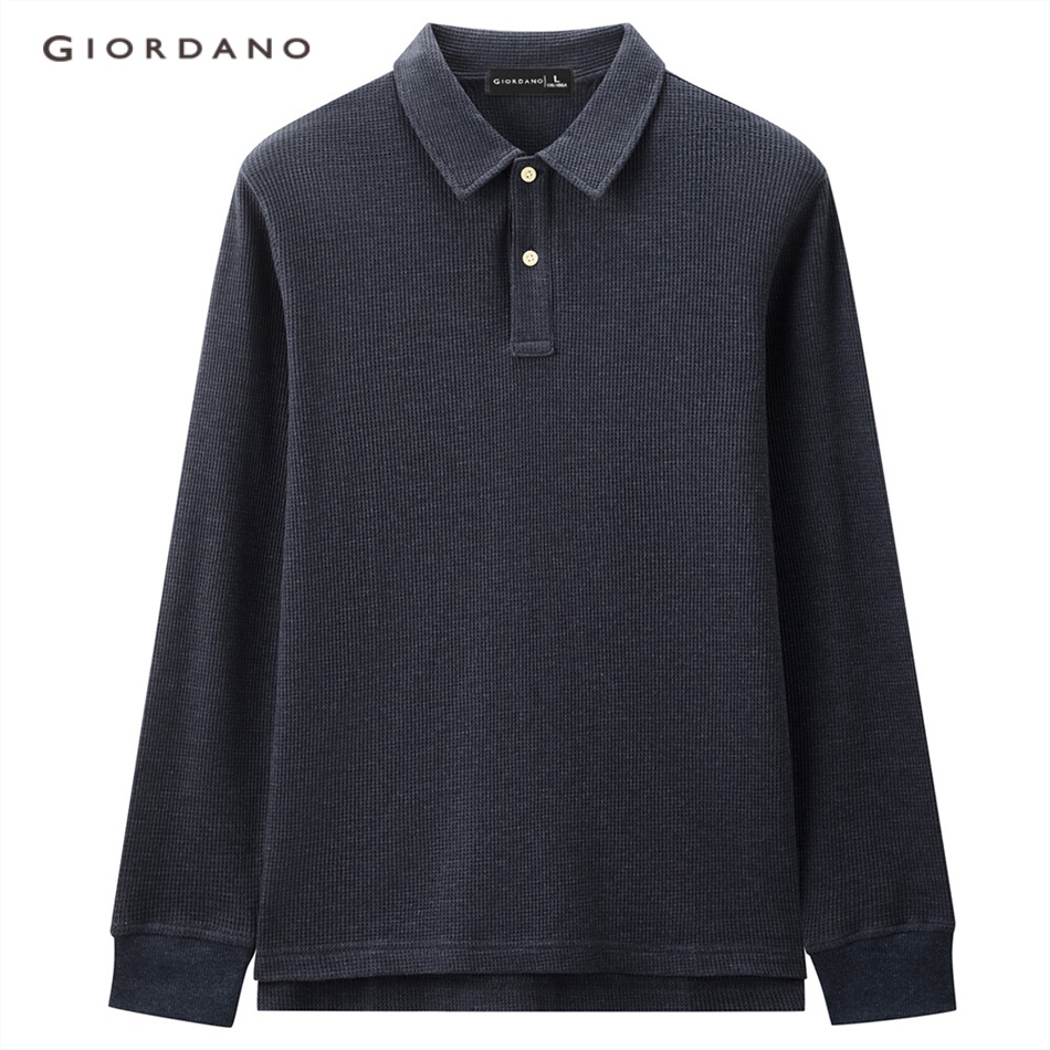 GIORDANO Áo polo nam dài tay waffle dày dặn màu dệt họa tiết ba chiều nhiều màu có sẵn 01012783