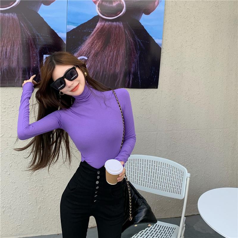 Áo thun COZOKC tay dài cổ cao màu trơn phong cách Hàn Quốc