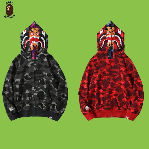 [Best Quality] Áo Khoác Bape, Hoodie Jacket Bape Shark Tiger fullzip 2 mũ SS2021, Chất liệu 100% Cotton, 2 màu BapeVN