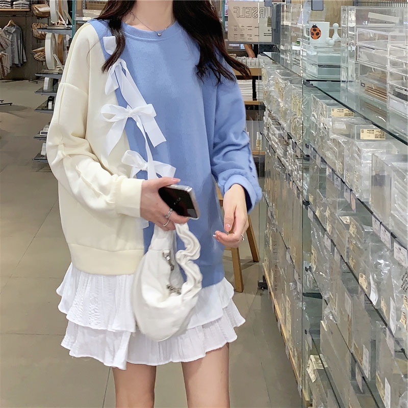 Áo sweater PEWARN tay dài dáng rộng phối nơ ngọt ngào phong cách Hàn Quốc thời trang cho nữ