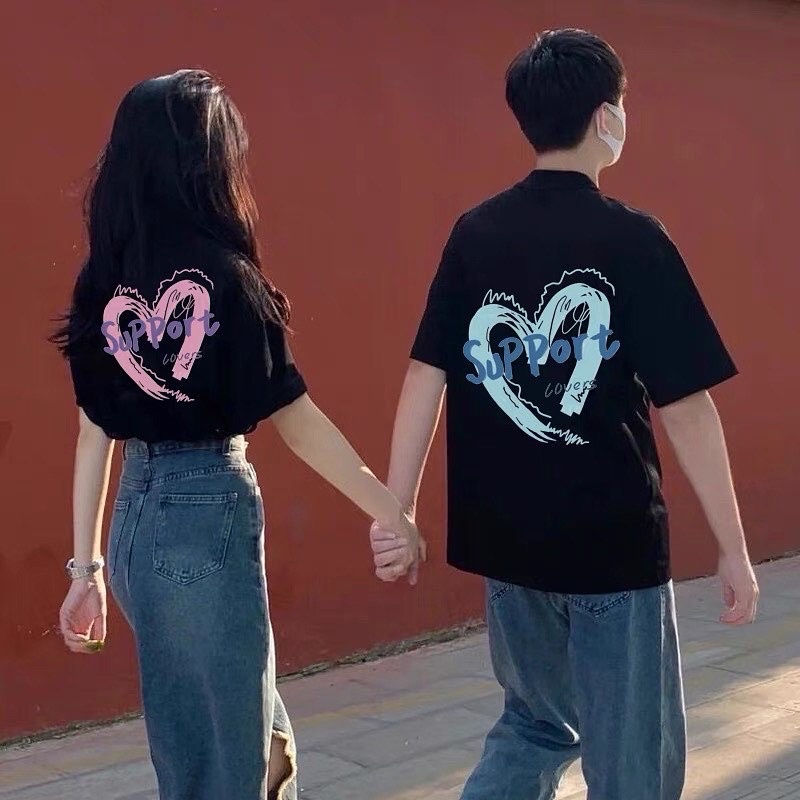 Áo phông thun hoạ tiết đơn giản cho cặp đôi nam nữ phong cách unisex tay lở, cổ tròn trái tim Ligré