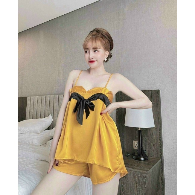Đồ bộ mặc nhà, đồ bộ đùi satin 2 dây cột nơ ngực DB0003