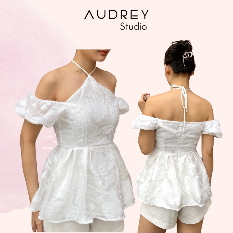 Áo yếm cột dây hoa thêu tay phồng trắng/da Audrey Studio