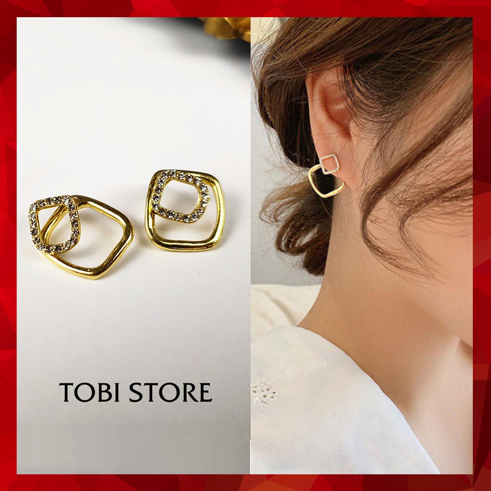 Khuyên tai nữ gài hoa tai hình học vuông nhỏ 02 lớp bông tai vuông đính đá TB223 TOBI STORE