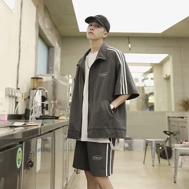Bộ Thể Thao Sọc Tay Unisex Phong Cách,Set Quần Đùi Áo Khoác Tay Lỡ Cao Cấp