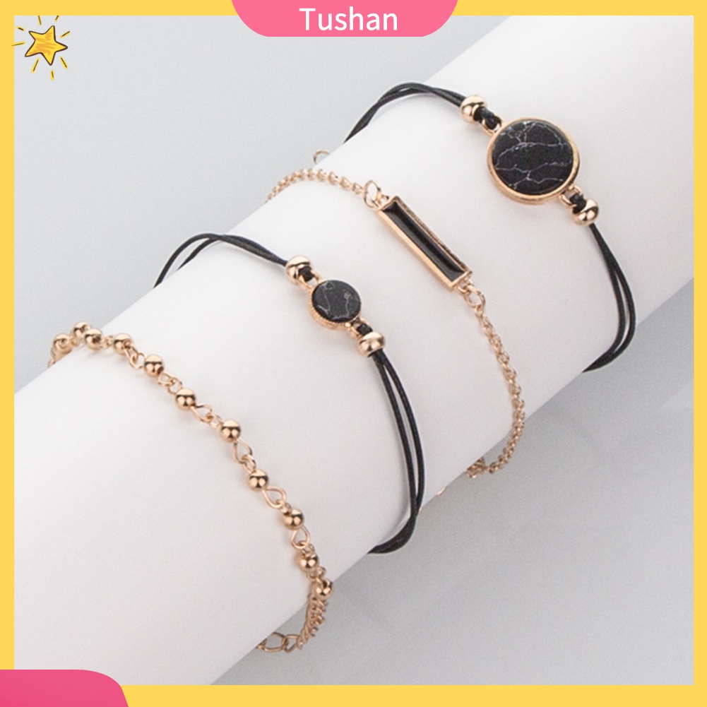 TUSH_4Pcs/Set Women Bohemian Round Bar Stone Charm Bracelet Rope Chain Bangle Jewelry