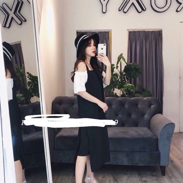 váy trễ vai đen trắng