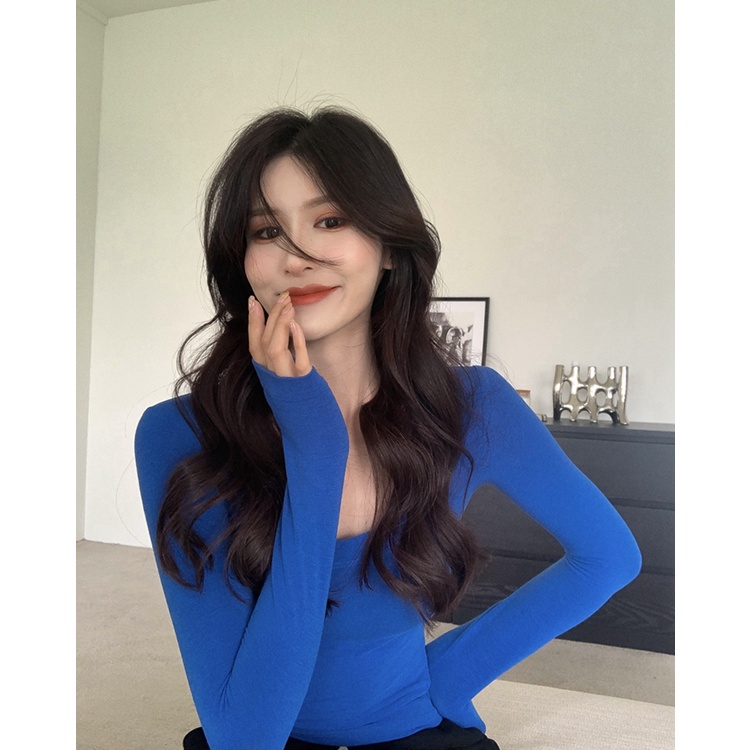 Áo thun QKOOLE tay dài cổ chữ U phong cách Hàn Quốc thời trang cho nữ