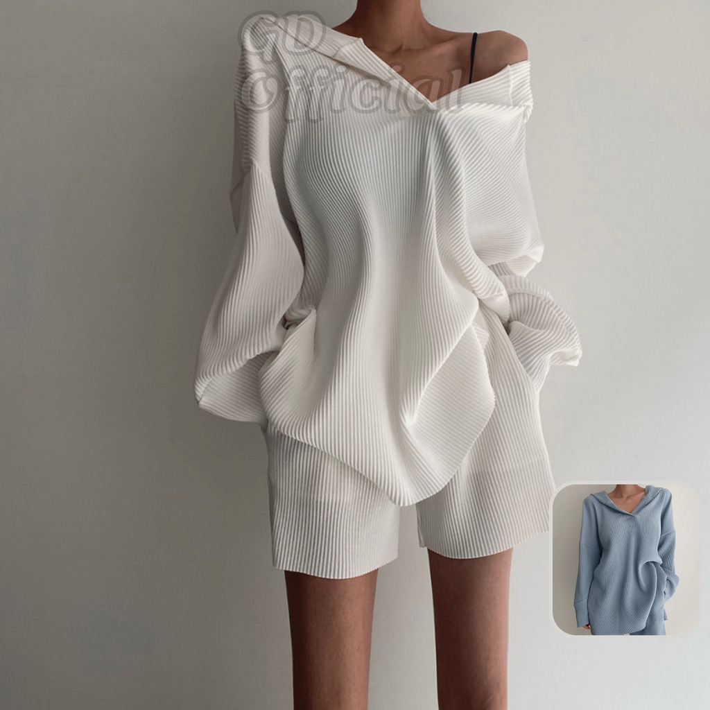 N7|Set bộ thể thao mặc nhà áo hoodie dài tay, quần short dáng rộng cá tính màu xanh, trắng GD Official