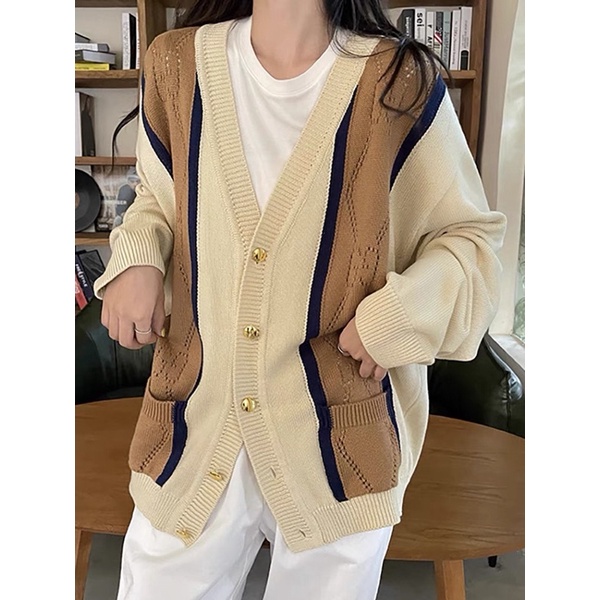 PASS Áo cardigan màu be phong cách hàn quốc