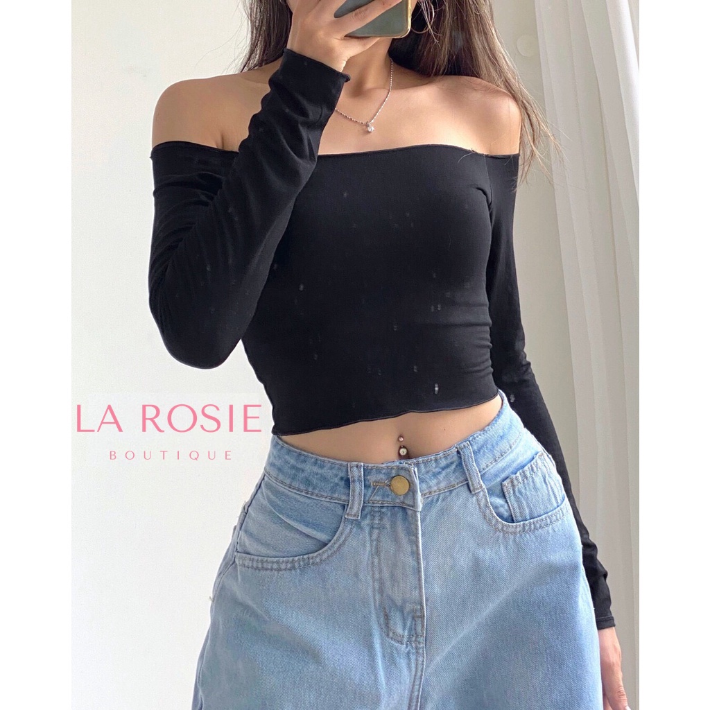 Áo croptop nữ bẹt vai tay dài freesize thun co giãn 4 chiều, phù hợp đi chơi dạo phố nhẹ nhàng La Rosie Boutique LA12
