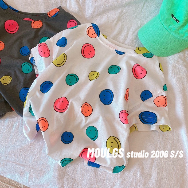 Áo Thun Tay Ngắn In Hình Mặt Cười Chất Liệu Cotton Phong Cách Hàn Quốc Mới Cho Bé