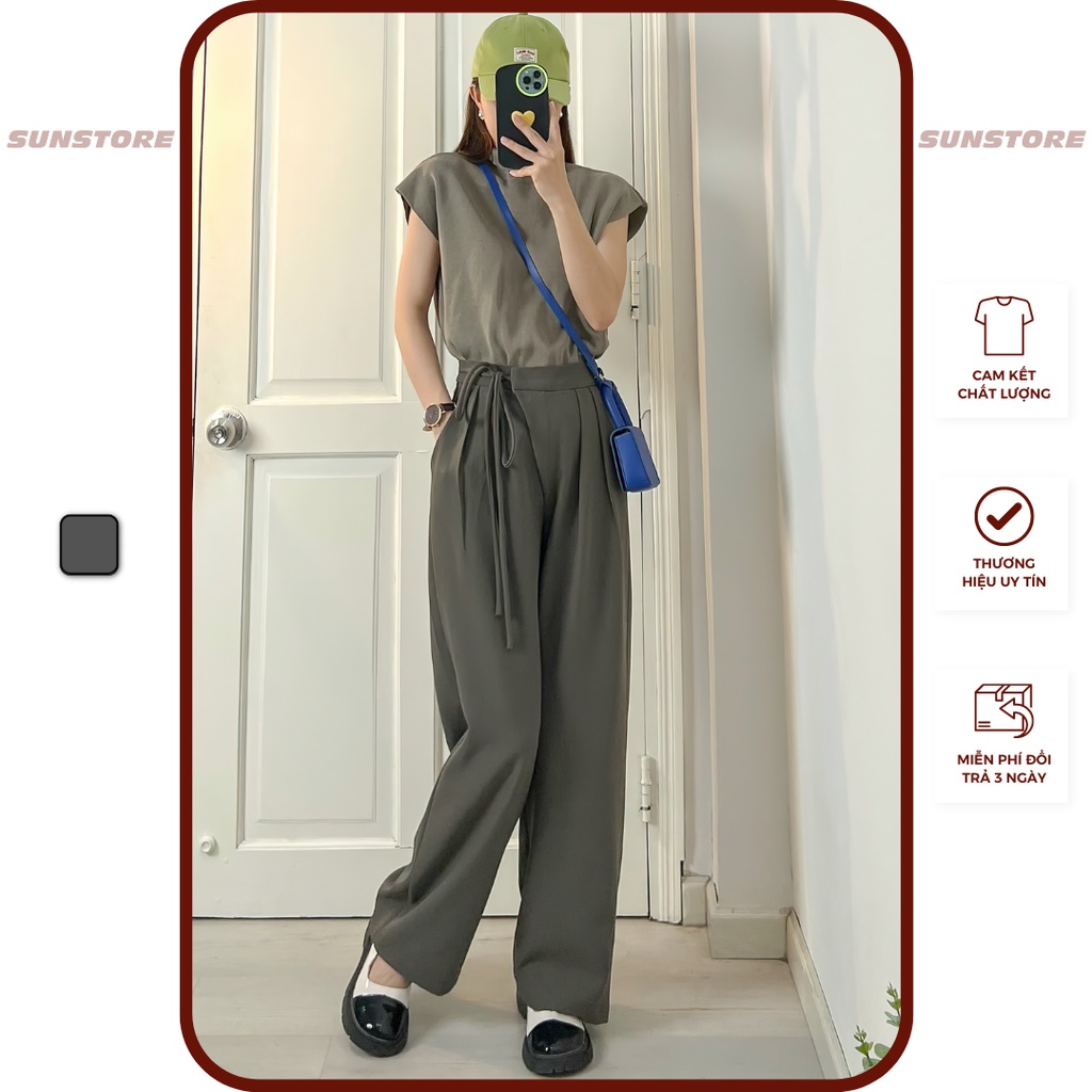 Quần ống rộng nữ lưng cao cạp cột dây dáng suông dài vải culottes form rộng màu xám RopPant - Sunstore