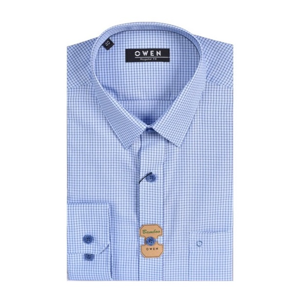 Áo Sơ Mi Nam Tay Dài Owen AR22644DT Dáng Regular Fit Màu Caro Nhỏ Xanh Nhạt Vải Sợi Tre