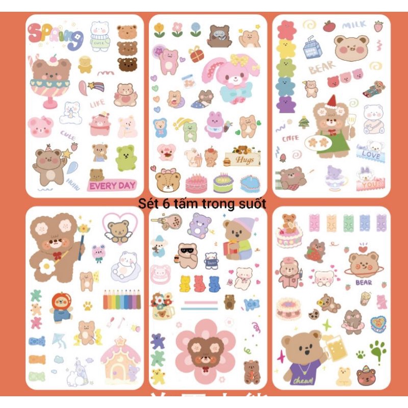 Bộ 6 Tấm Sticker Dán Trong suốt Hình Gấu