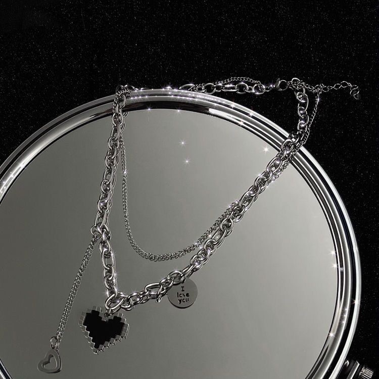 [Mới] Dây Chuyền Mắt Xích Đôi Bằng Kim Loại Mặt Trái Tim Rỗng Cho Nữ / Vòng Cổ Không Đối Xứng /