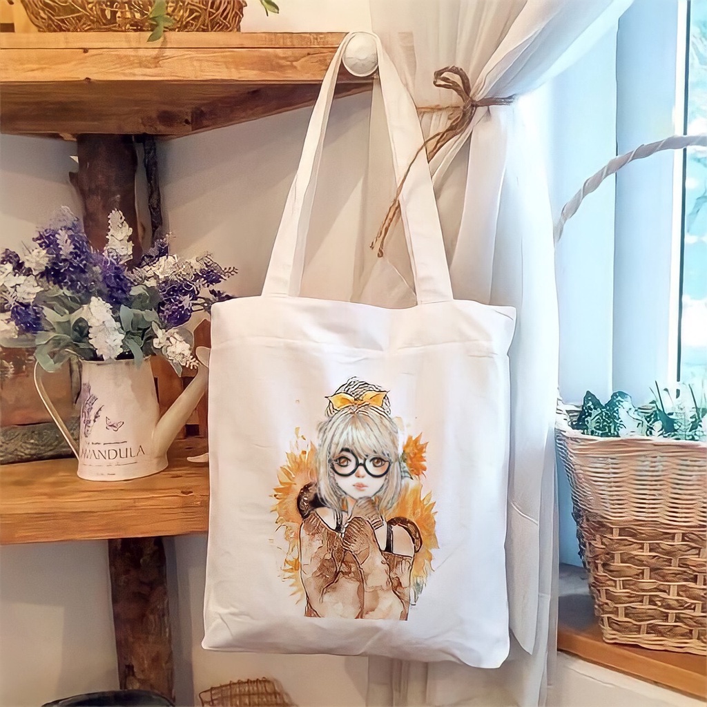 Túi tote vải đeo chéo canvas in hoạ tiết cô gái đáng yêu Bachhoaonline68 554