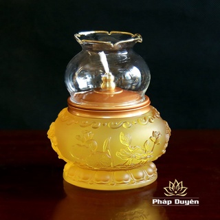 Đèn dầu lưu ly vàng hoa sen nổi không đế , cao 16cm