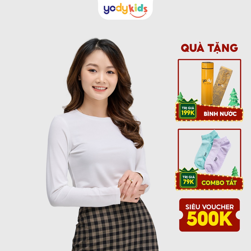 Áo giữ nhiệt nữ YODY vải cotton co dãn, cổ tròn ấm áp, mềm mịn ATN4606