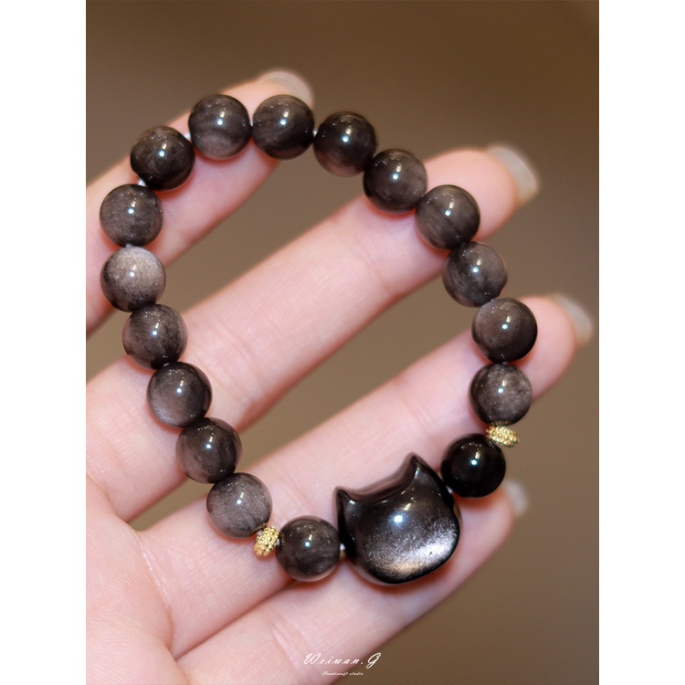 [Hàng Mới] Vòng Đeo Tay Chuỗi Hạt Đá Obsidian Hình Đầu Mèo Độc Đáo