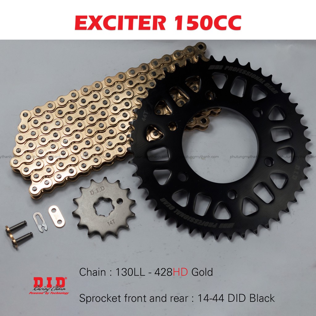 Nhông sên dĩa Exciter 150 14-44 sên vàng DID 10 ly ,dĩa đen