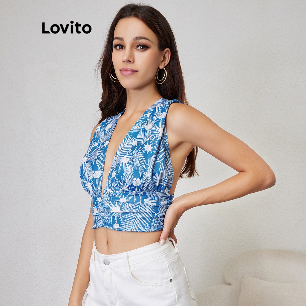 Lovito Boho Plants Shirring Không tay Xoắn Áo tăng cổ chữ V L24LE019 (Xanh và Trắng)