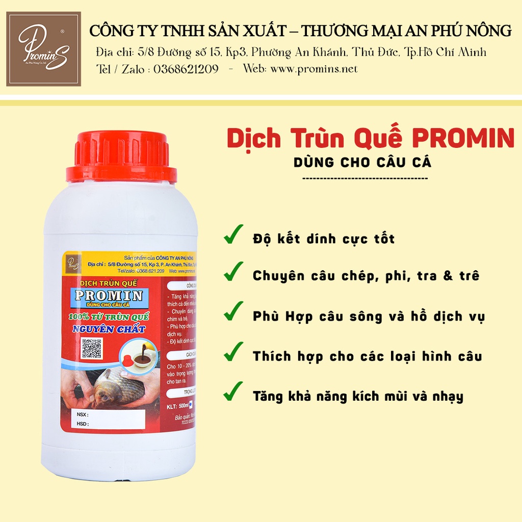 DỊCH TRÙN QUẾ PROMIN LÀM MỒI CÂU CÁ CHAI 500ML