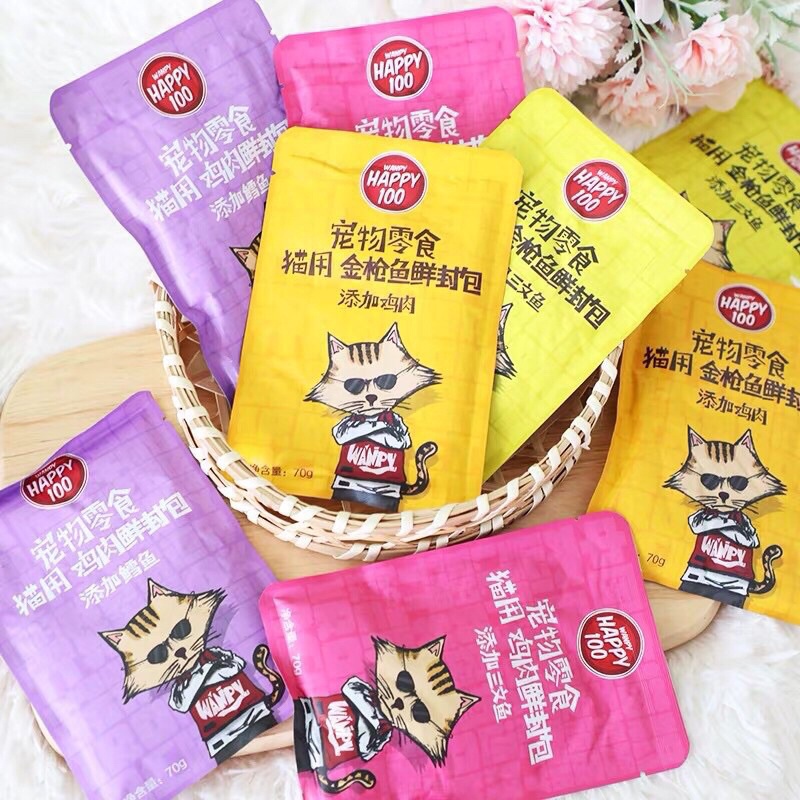 [Mã 252FMCGSALE giảm 8% tối đa 100k đơn 500K] Pate cho mèo Wanpy Happy 100 gói 70gr - Thức ăn cho mèo dạng soup