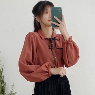 Áo sơ mi công sở nữ chất nhung tăm cổ thắt nơ tay nhúng thu đông - Momiji Store