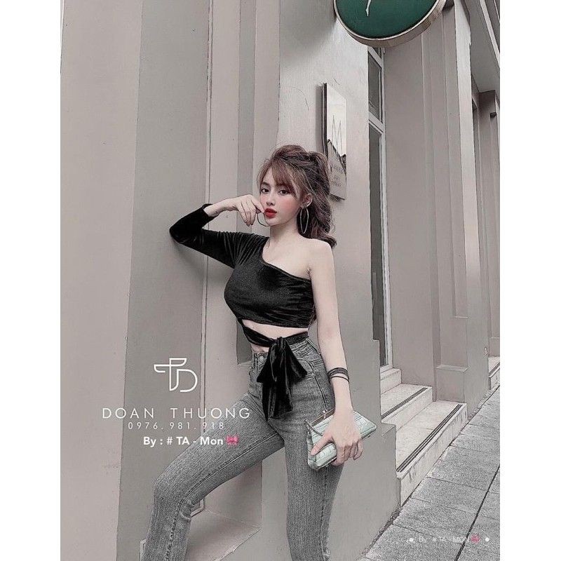 Áo croptop bẹt vai tay dài phối da beo_áo thun