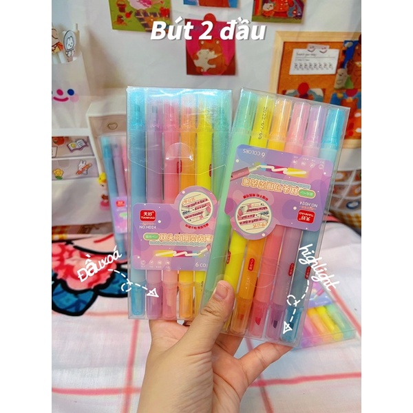 Bộ Bút Highligh 6 Cây màu pastel và Xoá 2 đầu đa năng