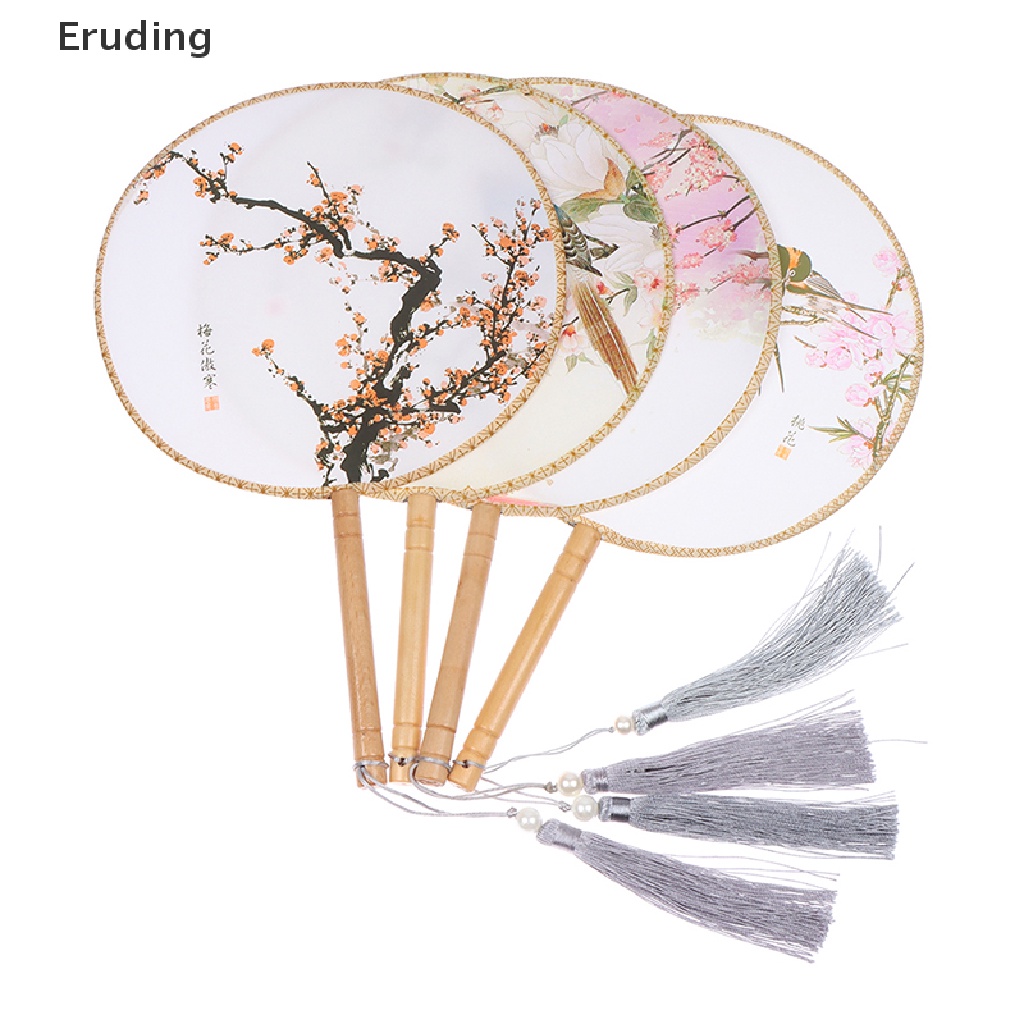 [Eruding] Quạt Tròn Cầm Tay In Họa Tiết Phong Cách Trung Hoa Cổ Điển Với Tay Cầm Bằng Gỗ