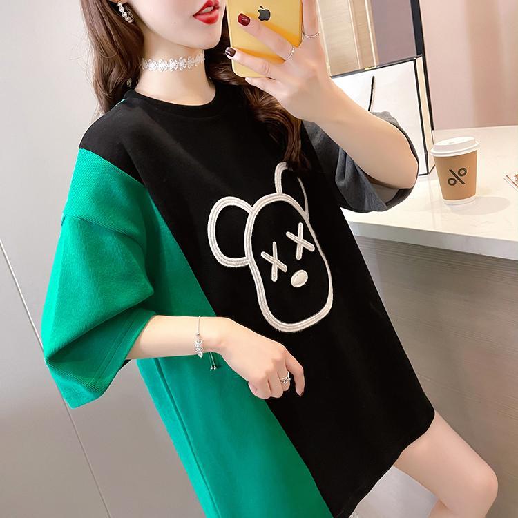 Áo Thun Tay Ngắn Cổ Tròn Dáng Rộng Màu Sắc Tương Phản Thời Trang Mùa Hè Cho Nữ