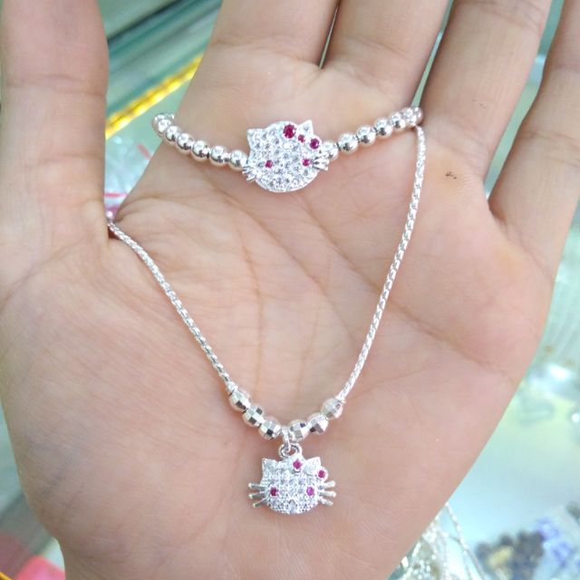Set bộ bạc set lắc bi và dây chuyền mèo hello kitty đính đá trắng nhỏ xinh cho bé
