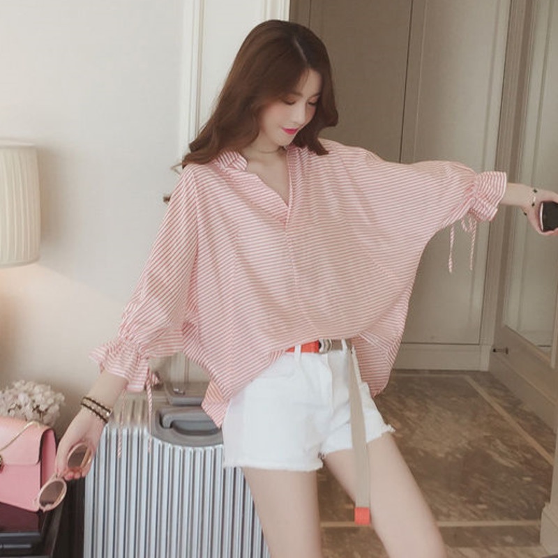 Áo kiểu RENJIANVSHENG 172582 tay lửng cánh dơi cổ chữ V họa tiết kẻ sọc thời trang thanh lịch dành cho nữ