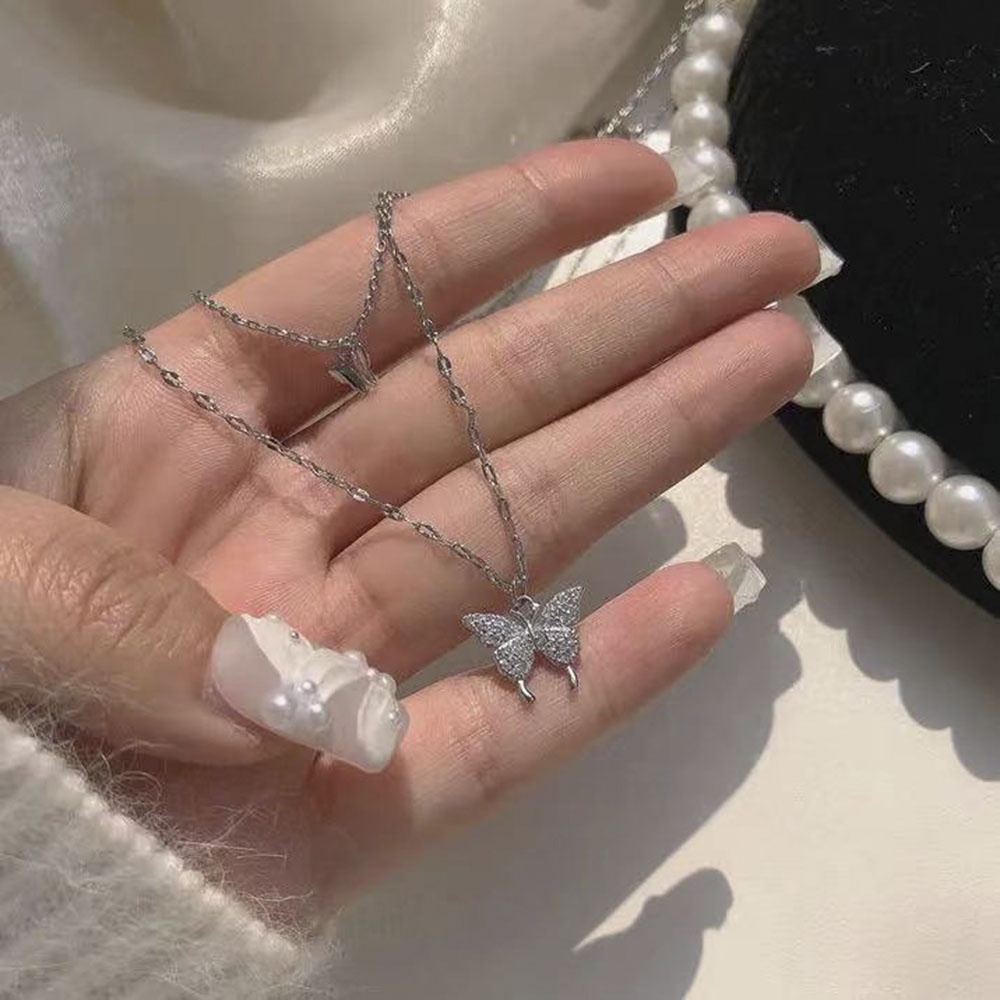 Thời Trang vòng cổ Hai Lớp Mặt Hình Bướm Đính Đá Pha Lê Thanh Lịch Cho Nữ