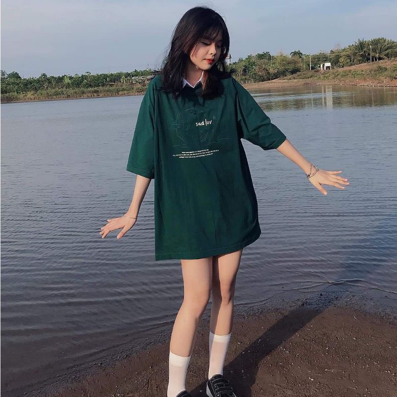 Áo Thun Xanh Rêu Sadluv Áo Thun Tay Lỡ Form Rộng Unisex 38-65kg Nam Nữ Phong Cách Ullzang