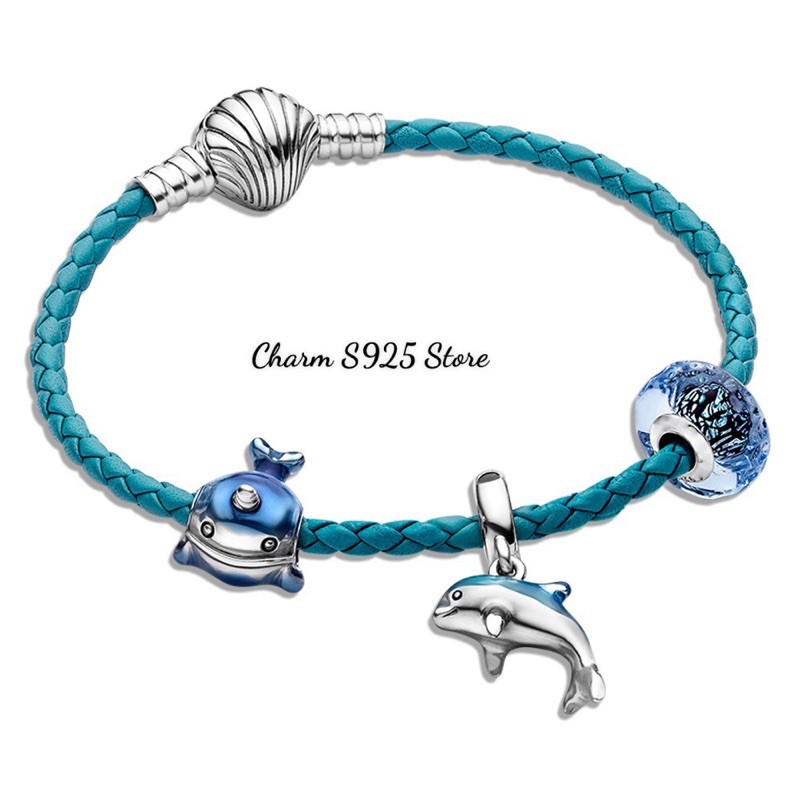 charm pan thuỷ tinh hoa biển xanh bạc s925 cao cấp