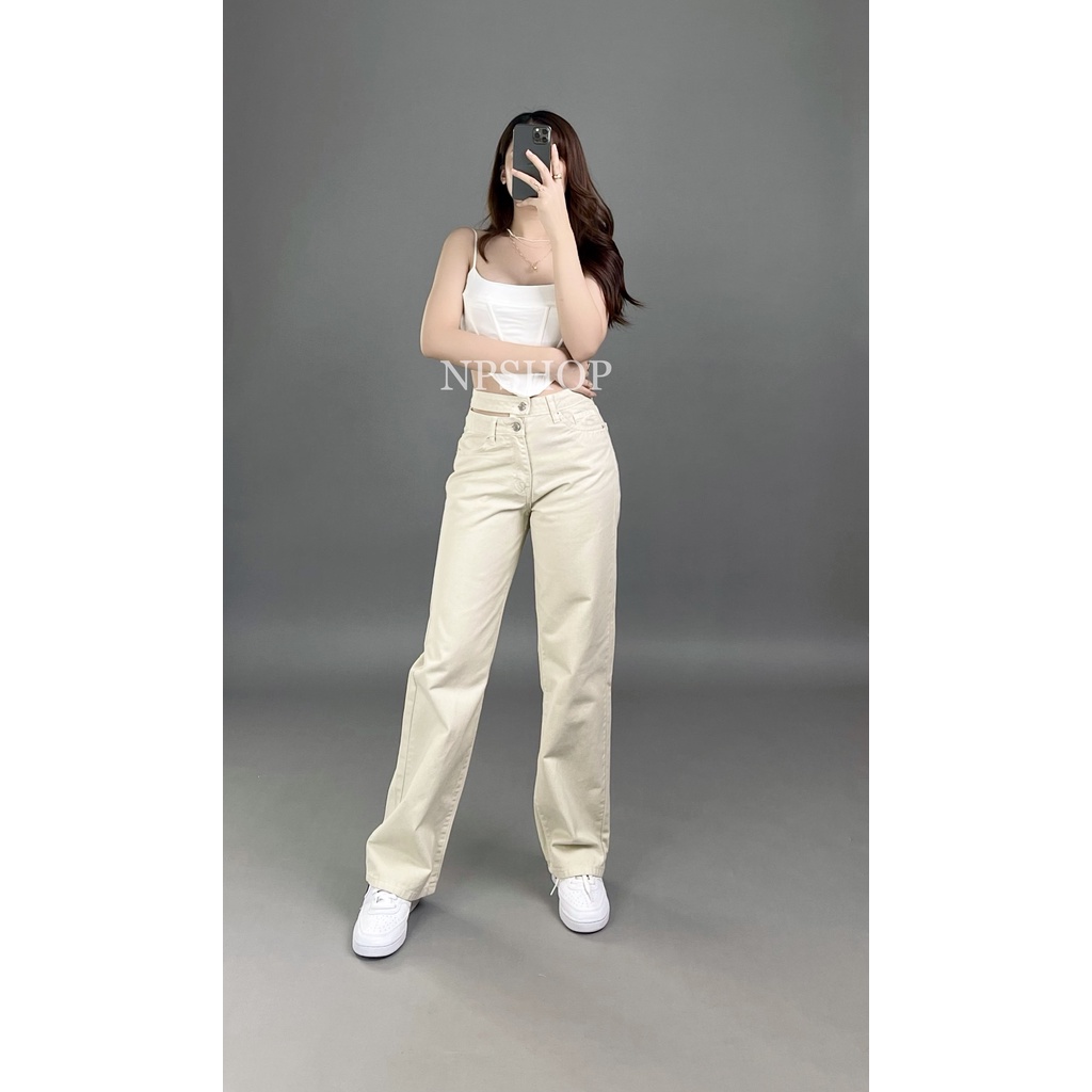 Quần jean nữ ống rộng dáng dài lưng cao kiểu 2 nút NPQ053