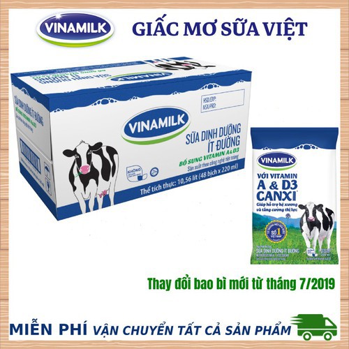 Thùng sữa tiệt trùng Vinamilk bịch 220ml x 48 bịch[ dâu, socola, ít đường, có đường ]