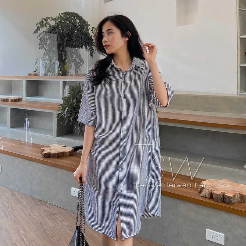 Đầm/Váy sơ mi kẻ sọc dáng dài chất xốp