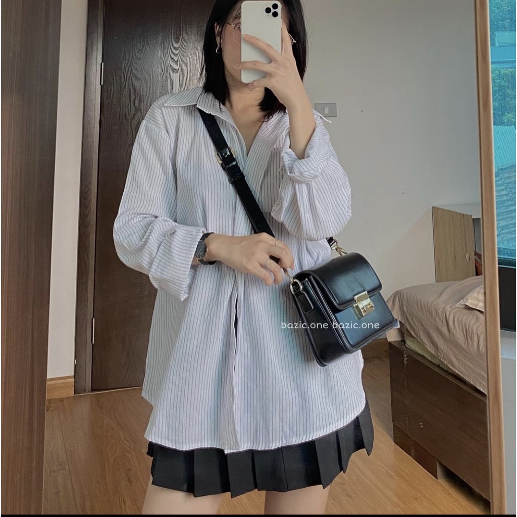 Áo sơ mi kẻ dài tay Hàn Quốc oversize siêu đẹp, áo sơ mi sọc tay dài vạt chéo