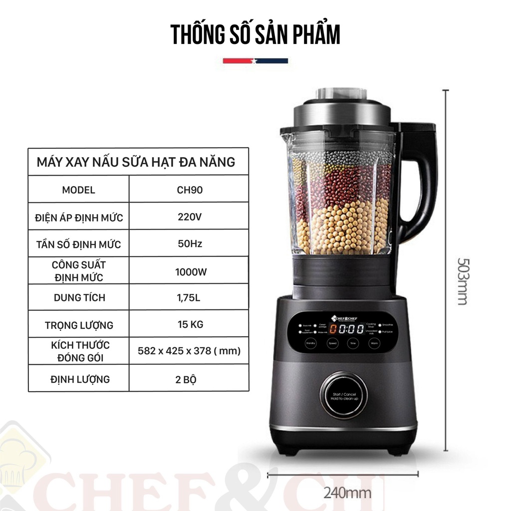 [Mã SKAMSALE03 giảm 10% đơn 200k] MÁY LÀM SỮA HẠT CHEF &amp; CHEF CH-90 hàng chính hãng