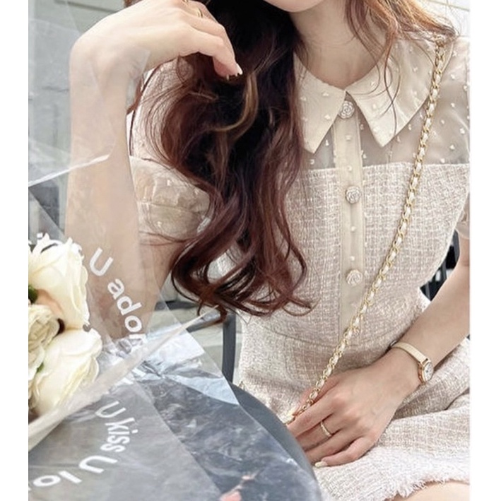 ĐẦM DẠ KEM ĐẬM PHỐI LƯỚI CỔ SEN HÀNG NÚT
